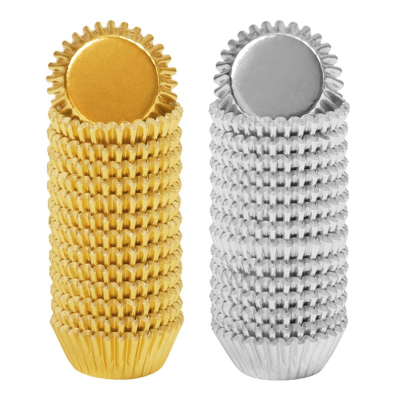 Elcoho 600 Pieces 1.25 Inch Mini Foil Metallic Cupcake Liners Muffin Paper Cases Baking Cups, Gold and Silver - Image 1